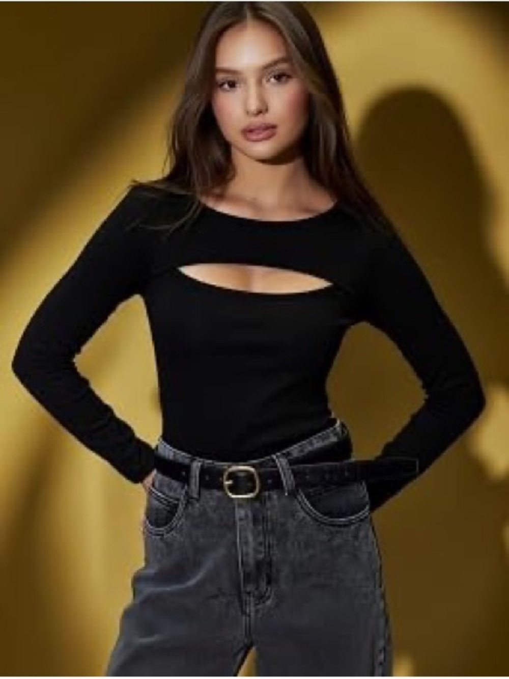 7 For All Mankind Black Ribbed Long Sleeve Top with Front Cutout